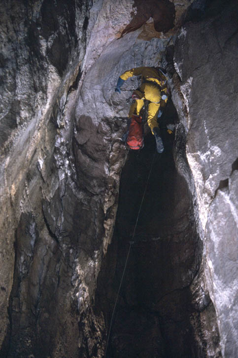 Climbing in Gouffre Fumant, Vercors, France (D. Wilson)